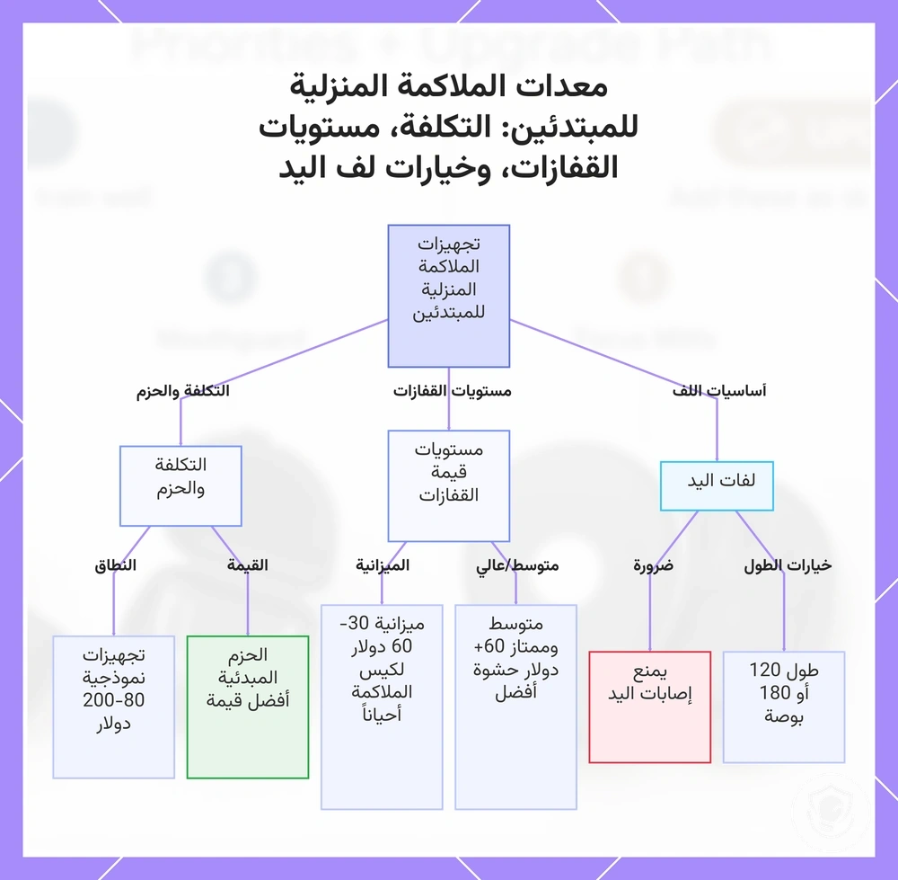معدات الملاكمة المنزلية للمبتدئين: التكلفة، مستويات القفازات، وخيارات لف اليد
