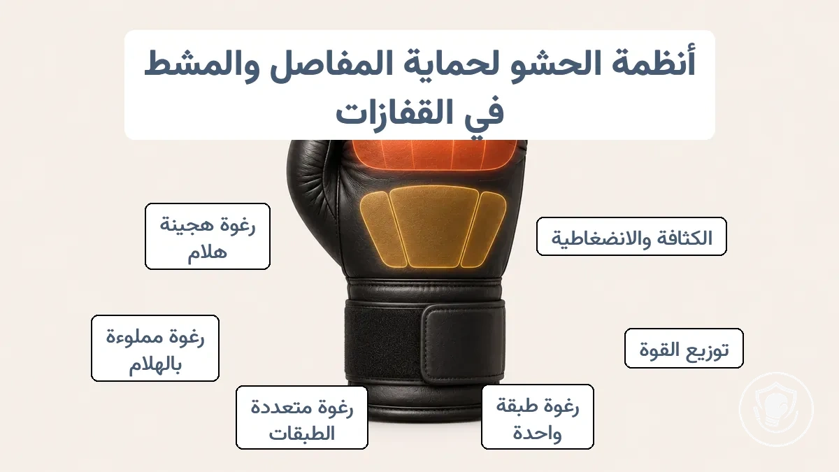رسم تخطيطي لمناطق حشوة قفاز الملاكمة يُظهر منطقة البراجم، حشوة ظهر اليد، وانتشار الصدمة.