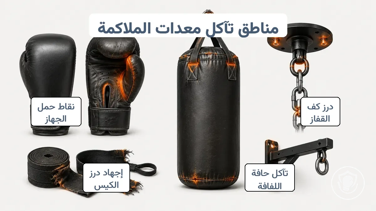 رسم توضيحي لمناطق التآكل الشائعة على قفازات الملاكمة للمبتدئين ولفائف اليدين والكيس الثقيل ومعدات التثبيت