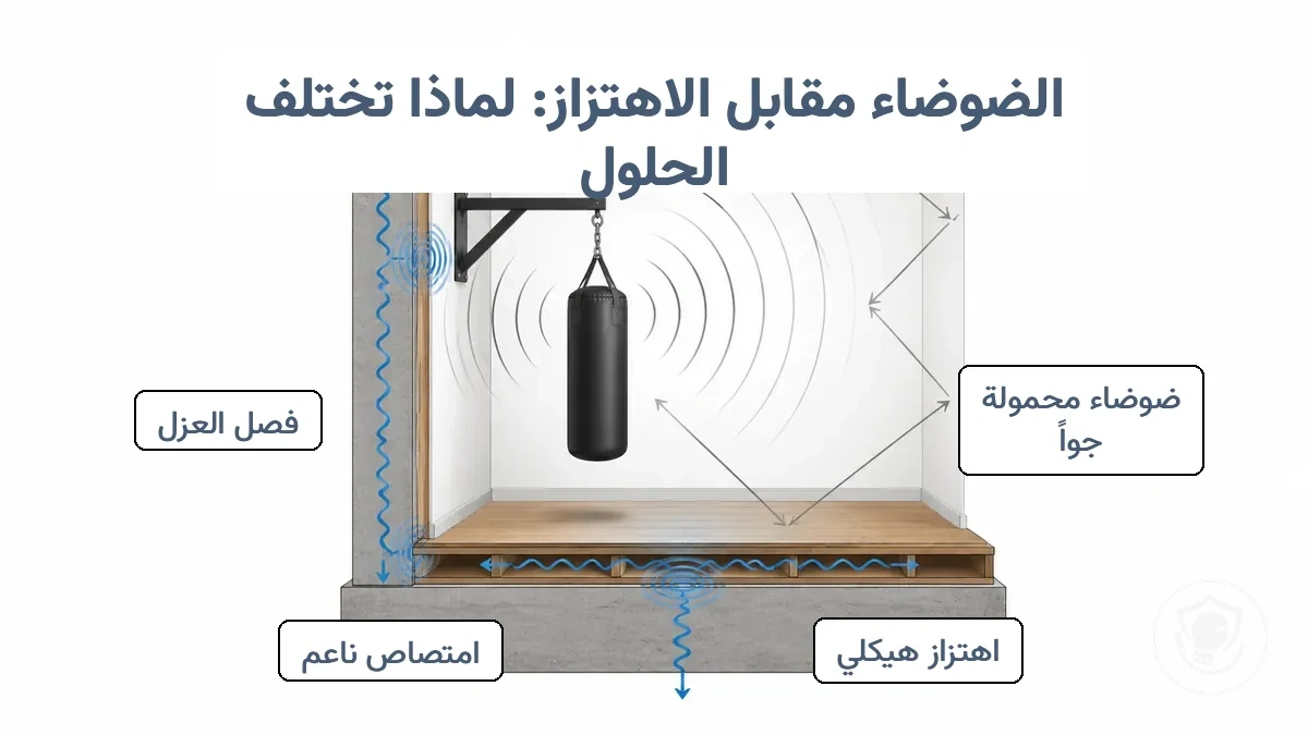 رسم بياني يقارن بين انتقال الضجيج المحمول جوًا (صدى/رنين) وانتقال الاهتزاز المحمول هيكليًا (دوي/ارتجاج) في إعداد كيس ملاكمة منزلي، يوضح الجدار والأرضية ونقطة التثبيت.