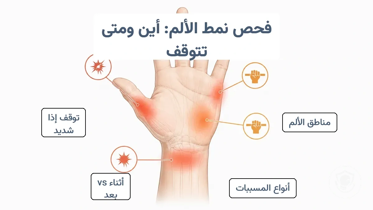 رسم توضيحي لليد والمعصم يوضح مناطق مكان الألم وأنواع المسببات الشائعة