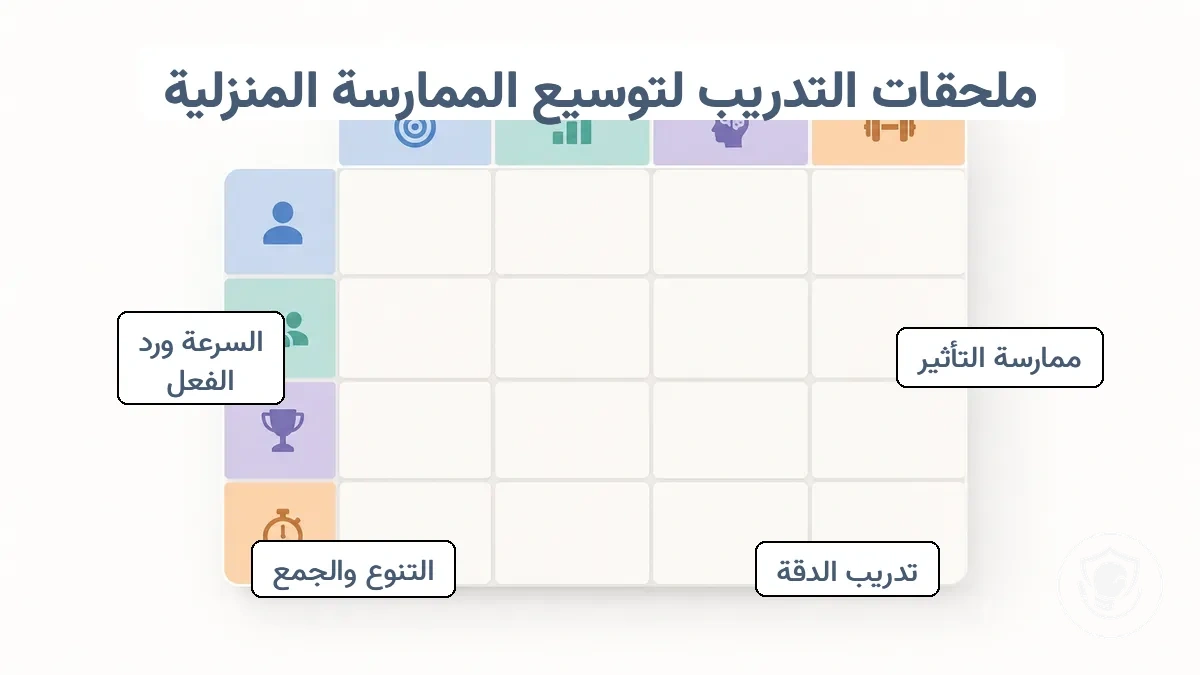 مصفوفة تربط أوضاع الممارسة بفئات إضافات التدريب وقيود المساحة والضوضاء والتخزين