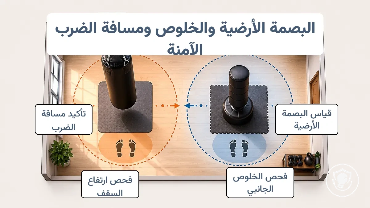 مخطط غرفة توضيحي يظهر مناطق البصمة والخلوص لكيس ملاكمة معلق مقابل قائم ومسافة اللكم الآمنة.