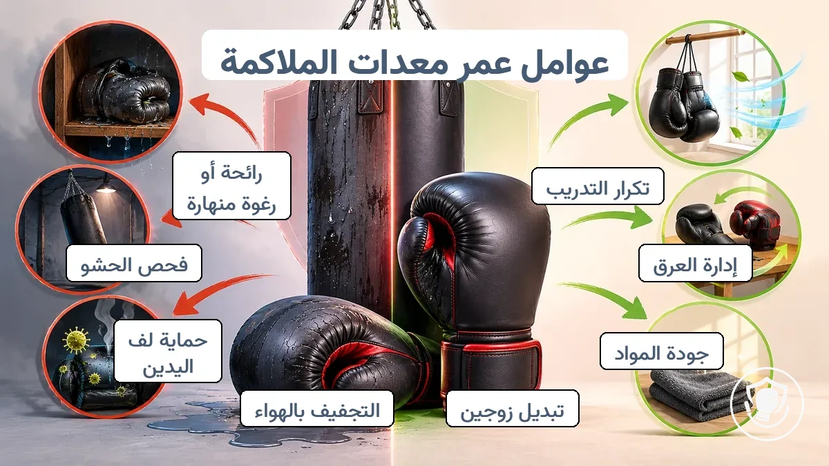 رسم بياني لنطاقات العمر الافتراضي لمعدات الملاكمة للمبتدئين يوضح العوامل التي تقصر أو تطيل المتانة