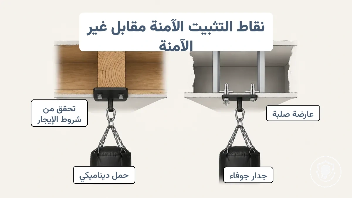 رسم بياني يقارن نقاط التثبيت الآمنة في العارضة والعمود مقابل مناطق الحوائط الجافة غير الآمنة لتركيب حقيبة الملاكمة