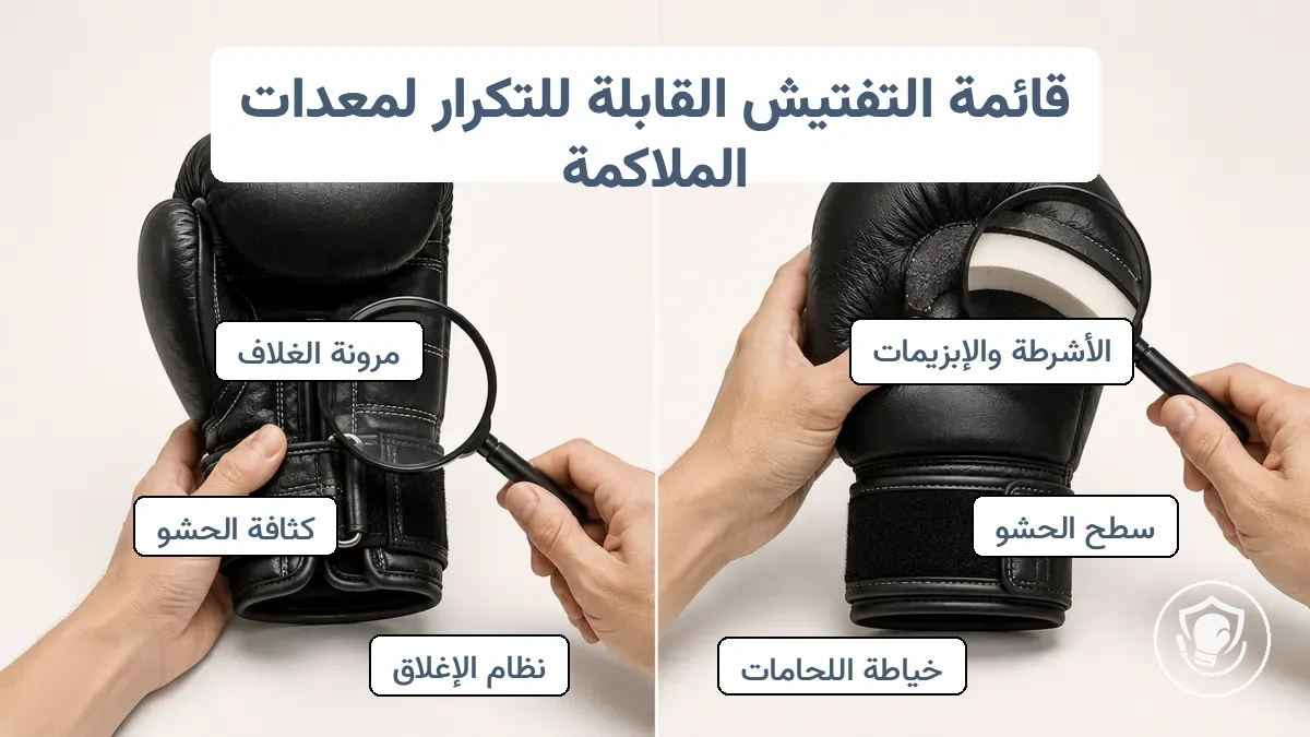 مقارنة بين الفحوصات السريعة قبل الجلسة والفحوصات الدورية الأعمق لأغلقة معدات الملاكمة ودرزاتها وبطانتها ونقاط تثبيتها