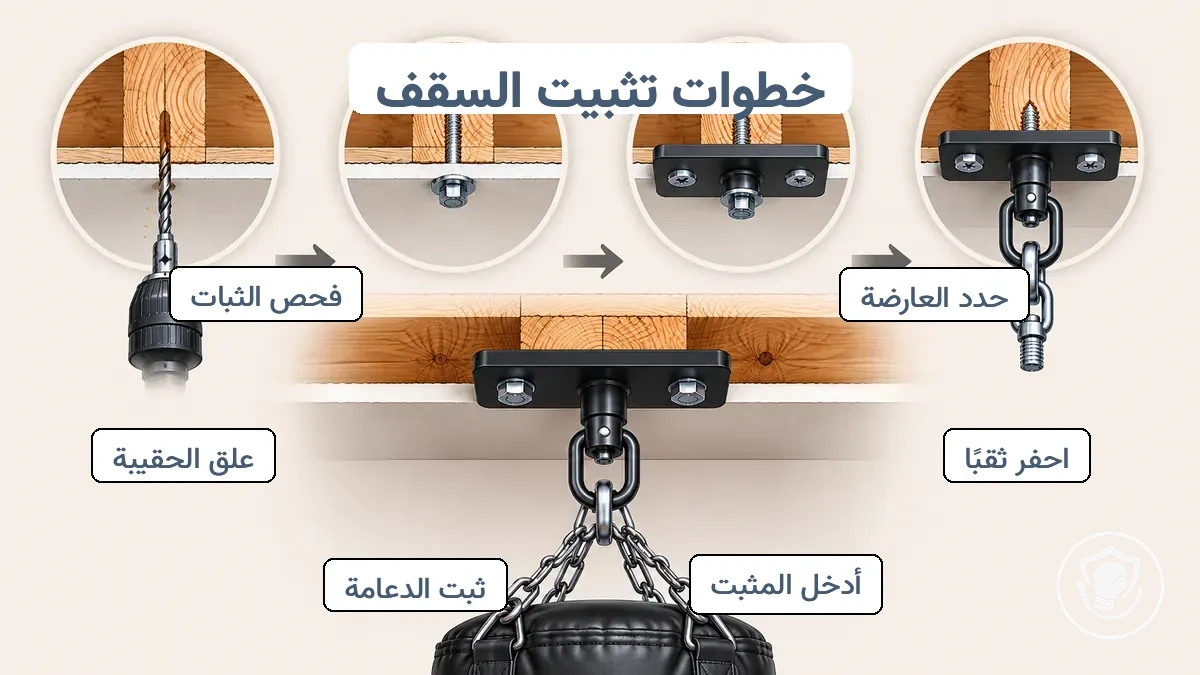 رسم بياني يوضح خطوات تركيب التثبيت في السقف: تحديد موقع الجائز، حفر ثقب الدليل، تثبيت اللوحة، ربط السلسلة والمحور لحقيبة الملاكمة.
