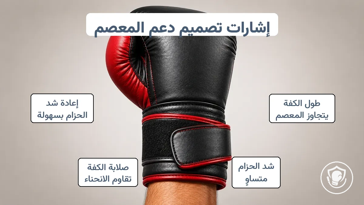 كفة وحزام قفاز ملاكمة مع تعليقات توضيحية تظهر إشارات تصميم دعم المعصم للمبتدئين.