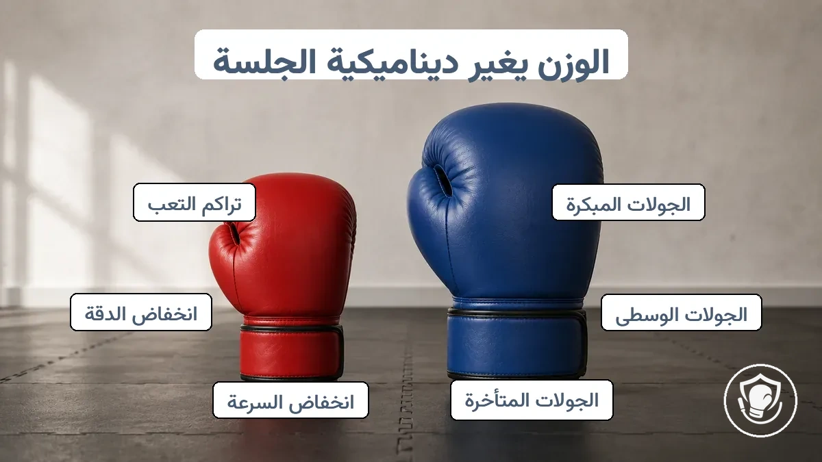 قفازات ملاكمة بأوزان مختلفة على أرضية صالة رياضية، توضح كيف يؤثر الوزن الزائد على السرعة والإرهاق عبر الجولات