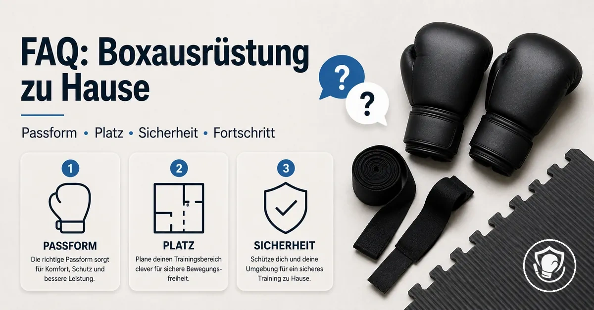 FAQ-Grafiken zu Passform, Platzplanung und Sicherheit bei Boxausrüstung für Einsteiger
