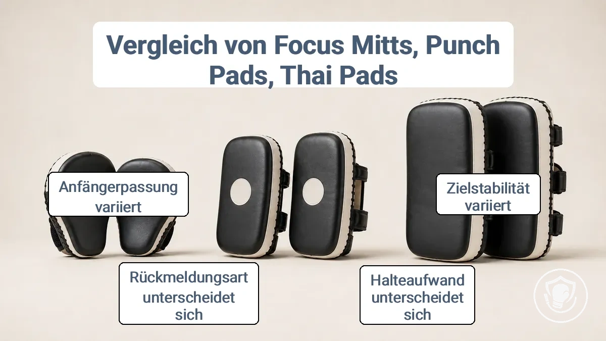 Vergleich von Fokus-Mitts, Schlagpolstern und Thai-Pads für das Boxtraining zu Hause mit Fokus auf Unterschiede in Größe und Polsterung.