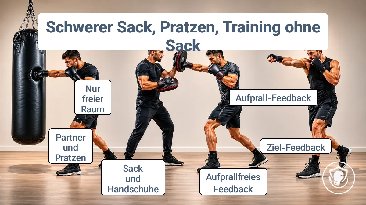 Diagramm, das Sandsack-Training, Pratzenarbeit und Boxtraining ohne Sandsack in Bezug auf Feedback und Anforderungen vergleicht