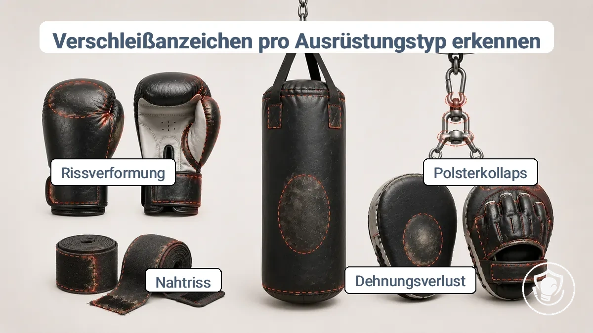 Boxausrüstungstypen mit gekennzeichneten Verschleißstellen an Handschuhen, Handbandagen, Boxsack, Aufhängungshardware und Pratzen