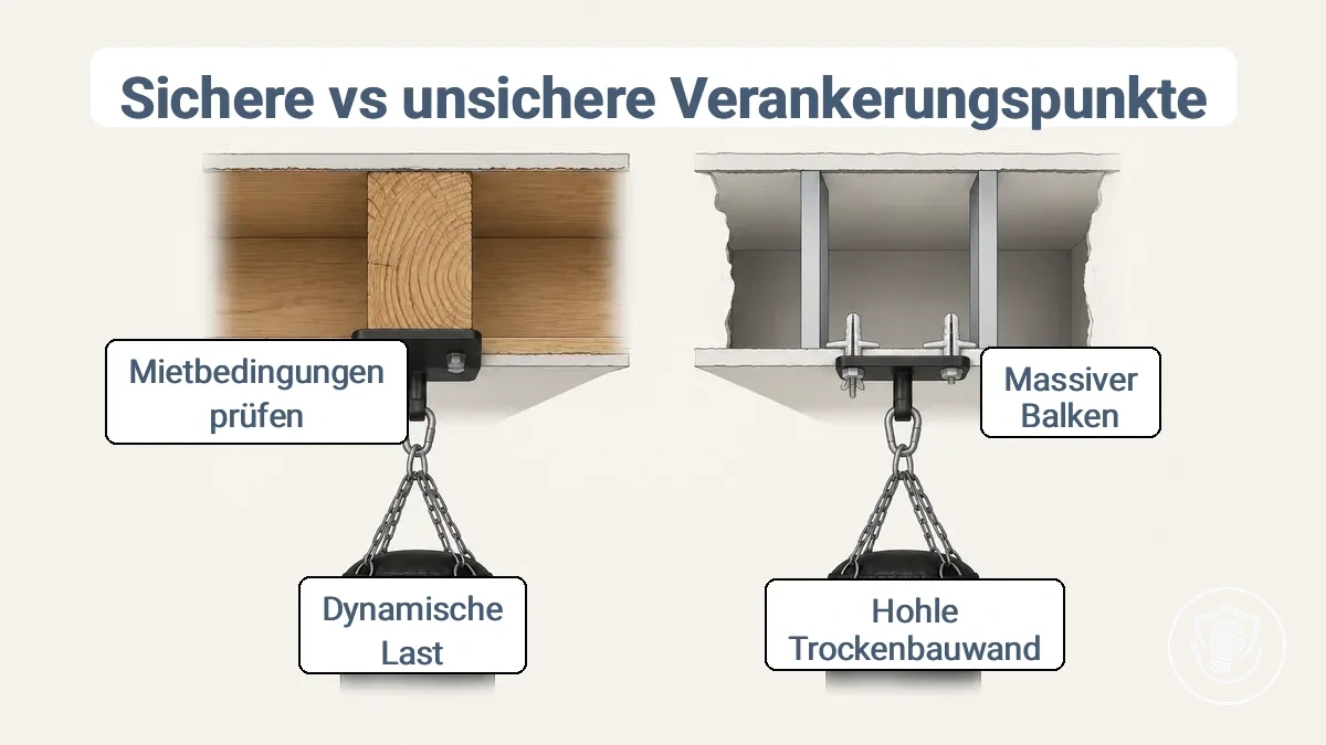 Diagramm, das den Unterschied zwischen sicheren Befestigungspunkten in Balken und Ständern und unsicheren Trockenbau-Bereichen für die Montage schwerer Boxsäcke zeigt