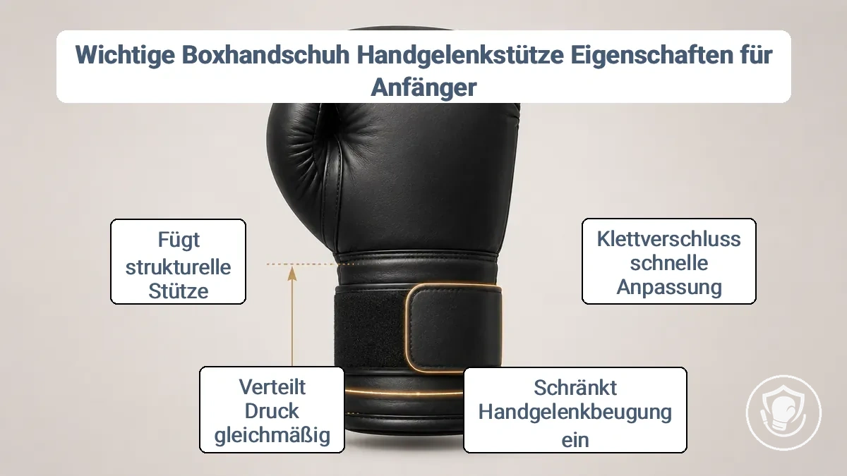 Diagramm eines Boxhandschuhs mit Klettverschlussriemen, Manschettenhöhe und Handgelenklinie für die Stabilität