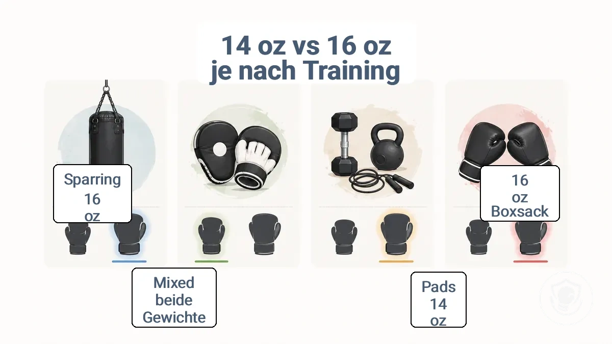 Entscheidungsmatrix, die zeigt, wie Schwerball, Pads, gemischte Einheiten und Sparring den Tendenzen von 14 oz und 16 oz Handschuhen zugeordnet werden