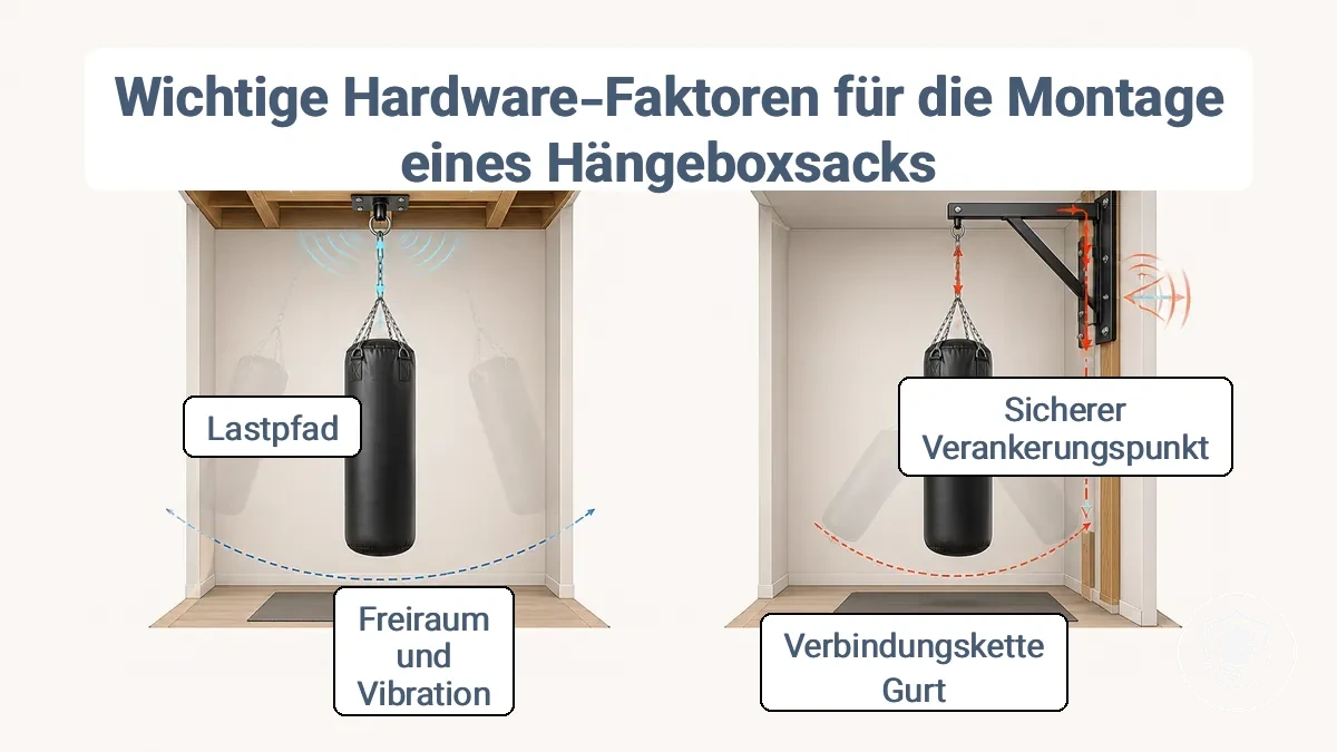 Diagramm des Lastpfads vom Hängeboxsack über das Verbindungselement zur Decken- oder Wandhalterung und warum Freiraum und Vibration wichtig sind.