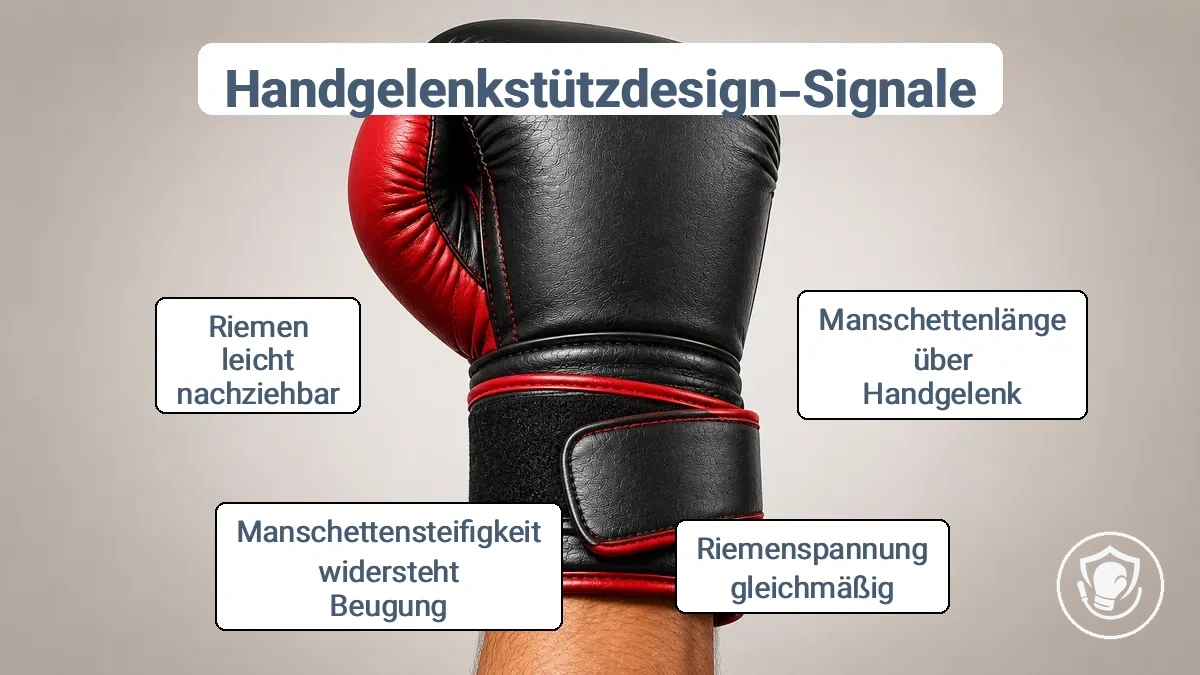 Beschrifteter Boxhandschuh mit Manschette und Riemen, die Handgelenkstützdesign-Signale für Anfänger zeigen.