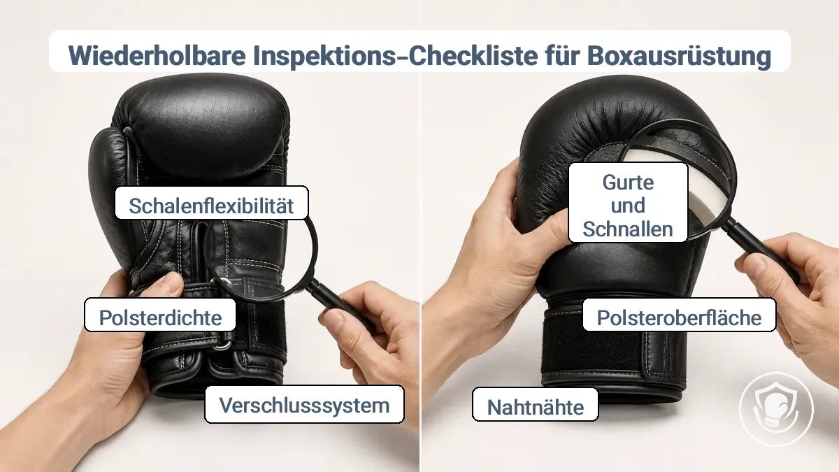 Vergleich von kurzen Checks vor dem Training und regelmäßigen gründlicheren Überprüfungen von Verschlüssen, Nähten, Polsterung und Befestigungspunkten an Boxausrüstung