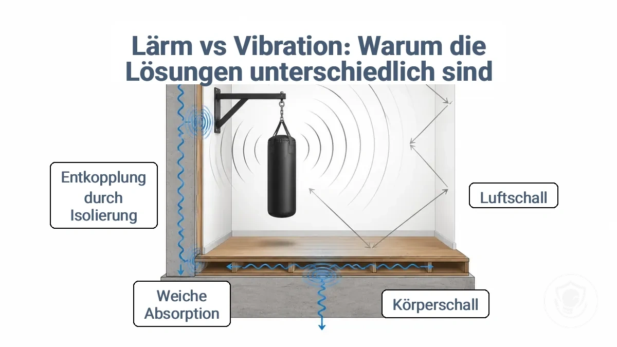 Diagramm, das die Übertragung von Luftschall (Echo/Klappern) und Körperschall (Rumpeln/Erschüttern) beim Boxsack zu Hause vergleicht, mit Wand, Boden und Aufhängungspunkt.