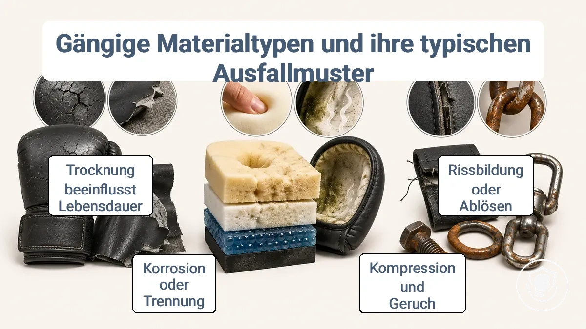 Vergleich der Materialfamilien bei Boxausrüstung für Anfänger: Außenfläche, innere Polsterung und Beschlagteile mit typischen Versagensmustern