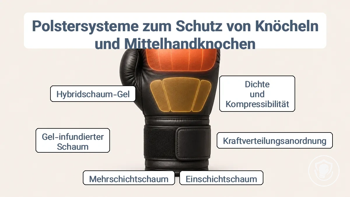 Diagramm der Polsterzonen eines Boxhandschuhs mit Knöchelbereich, Handrückenpolsterung und Stoßverteilung.