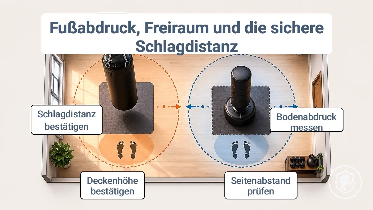 Kommentierter Grundriss mit Standfläche und Freizonen für einen Hänge- im Vergleich zu einem Standboxsack sowie sicherem Schlagabstand.