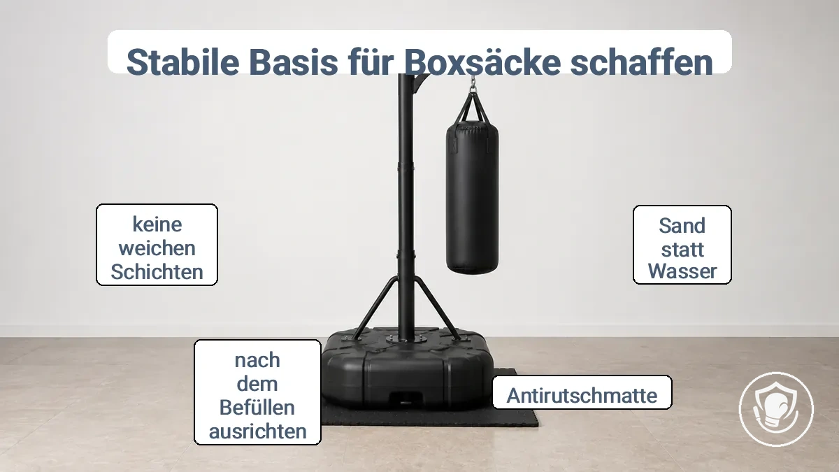 Freistehender Boxsack-Sockel auf Fliesenboden mit einer rutschfesten Gummimatte darunter für Stabilität