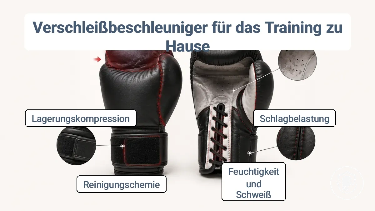Diagramm mit Verschleißbeschleuniger-Druckpunkten an Boxhandschuhen für zu Hause: schweißanfällige Innenfutterbereiche, Verschlussbefestigungen, reibungsintensive Nähte und Stauchungszonen durch Lagerung
