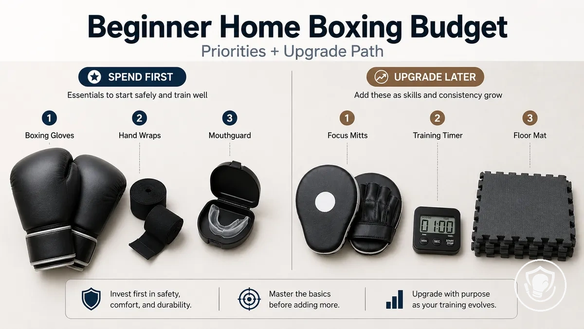 Budget-focused beginner home boxing equipment plan showing spending priorities and upgrades