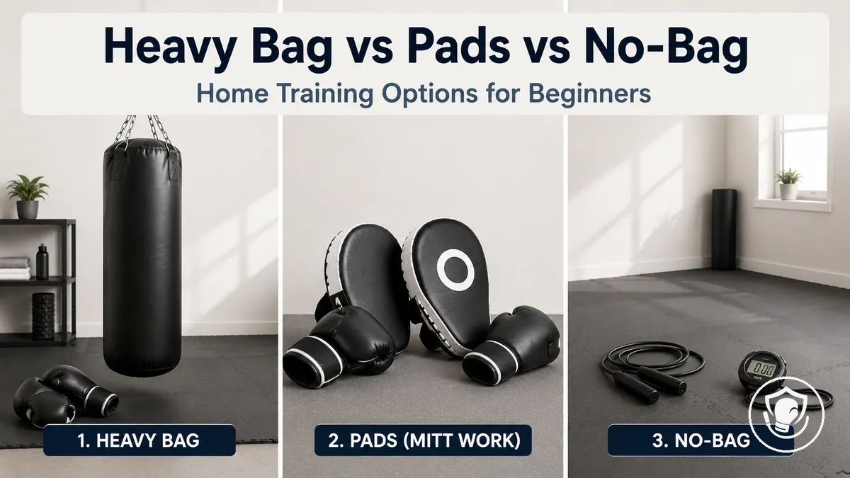 Home boxing setup choices comparing heavy bag training and pad work for beginners