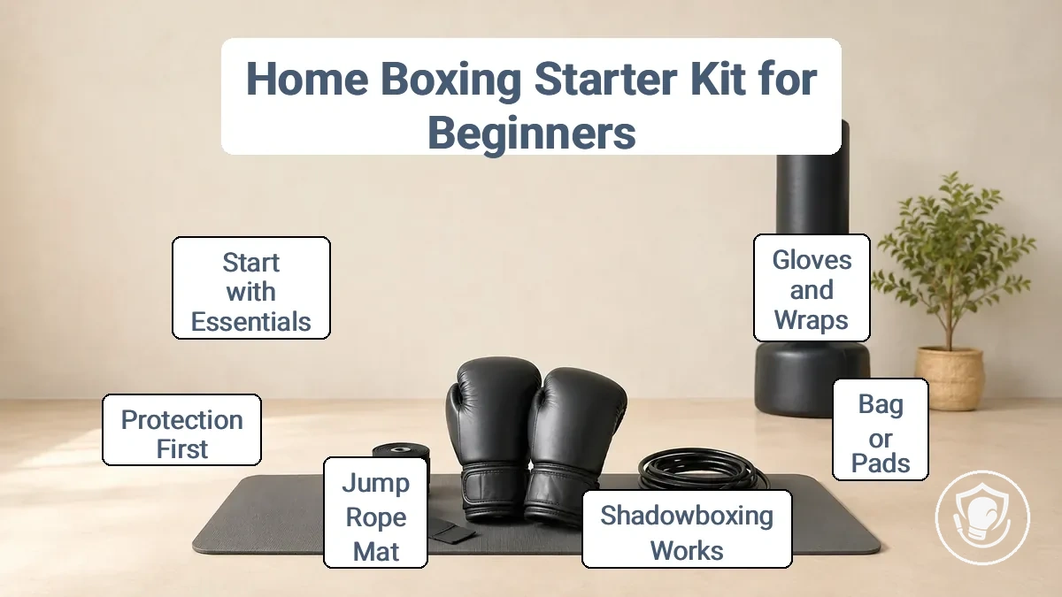 Beginner home boxing starter kit essentials including gloves, wraps, and bag