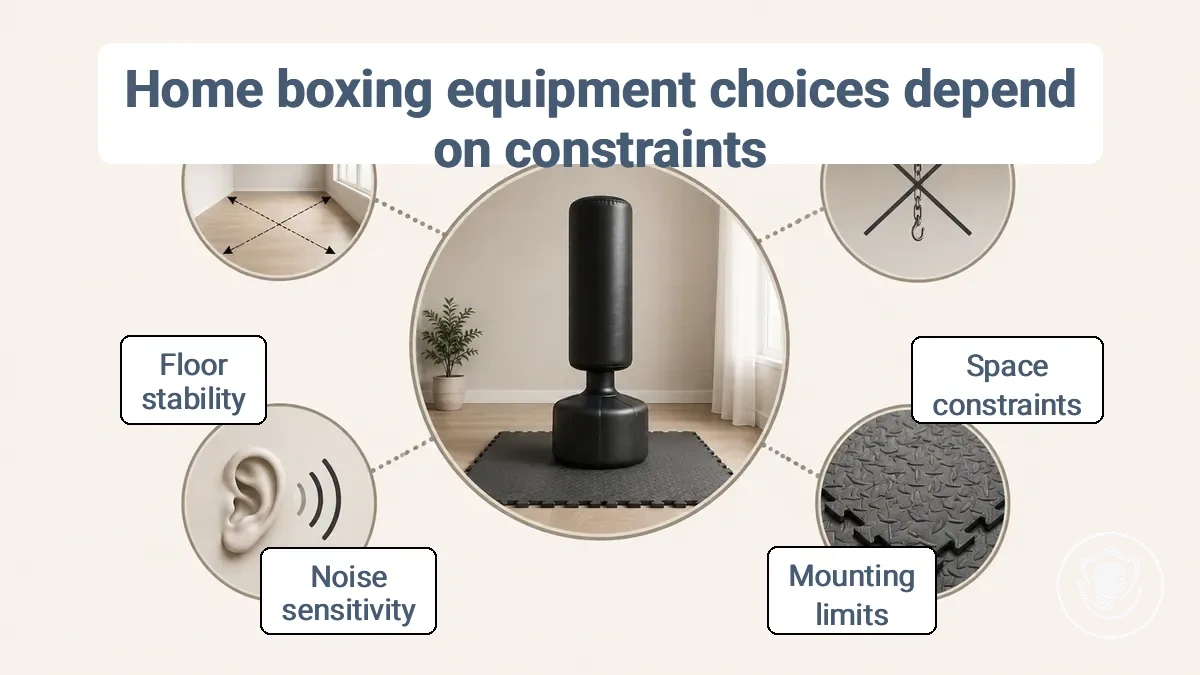 Home boxing equipment choices affected by space, mounting limits, noise, and floor stability