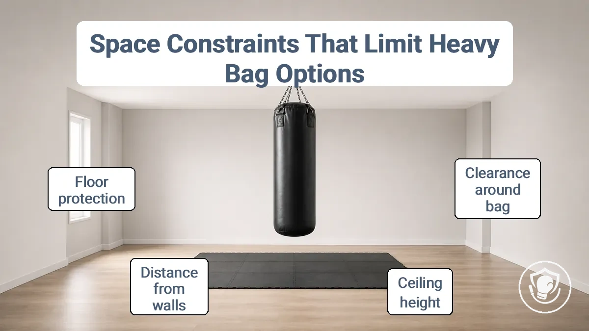 Diagram showing clearance zones needed around a heavy bag for safe training