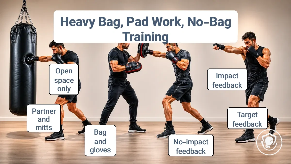 Diagram comparing heavy bag training, pad work, and no-bag boxing training feedback and requirements