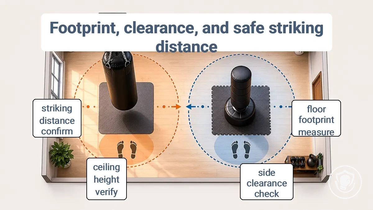 Annotated room layout showing footprint and clearance zones for a hanging vs freestanding punching bag and safe striking distance.