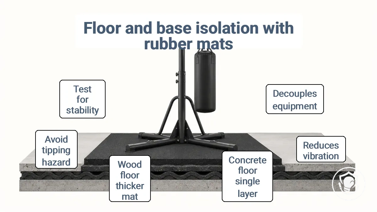Rubber vibration isolation mats placed under boxing equipment base to reduce floor vibration