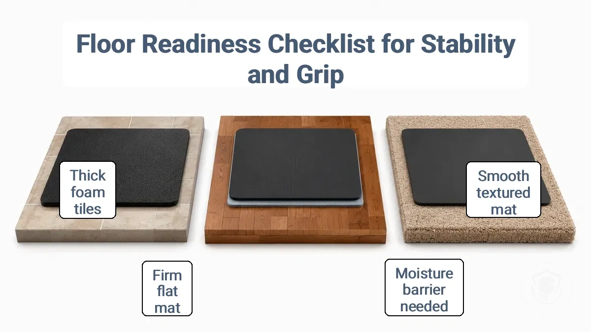 Comparison of tile, wood, and carpet surfaces with a gym mat overlay highlighting grip and protection differences