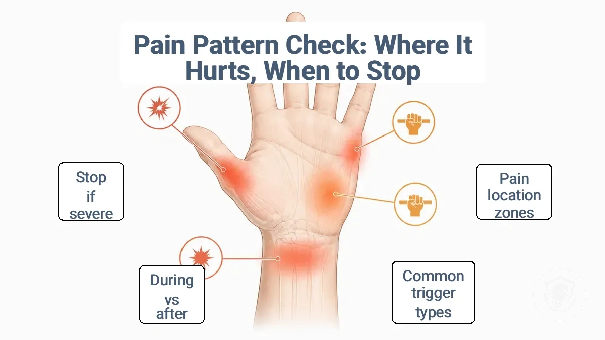 Annotated hand and wrist diagram showing pain location zones and common trigger types