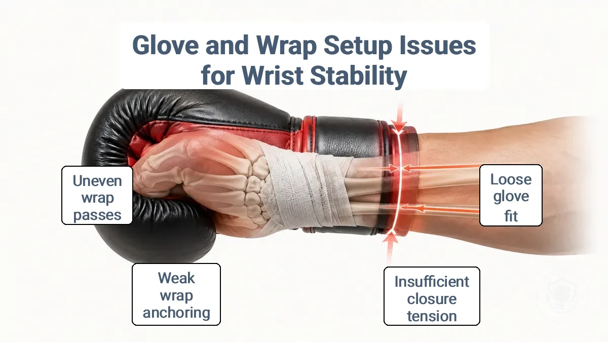 Boxing glove wrist cuff and hand wrap anchor points illustrating proper positioning for wrist stability