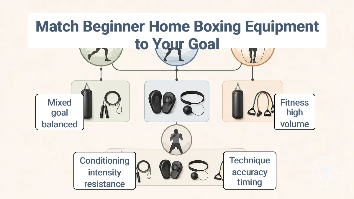 Goal-based equipment decision diagram for beginner home boxing: fitness, technique, conditioning mapped to gear categories
