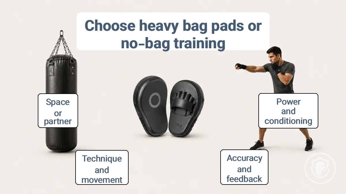 Heavy bag, pads, and no-bag training side by side