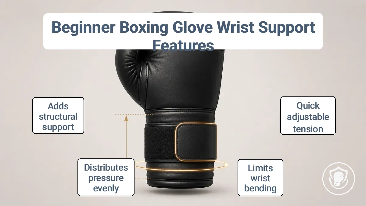 Diagram of a boxing glove showing the hook-and-loop strap, cuff height, and wrist line for stability