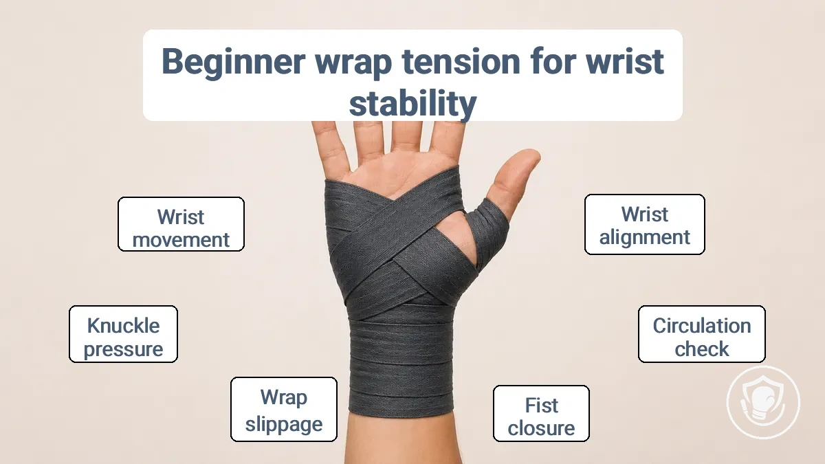 Diagram of correct wrap coverage zones on wrist and knuckles with callouts for too tight and too loose conditions