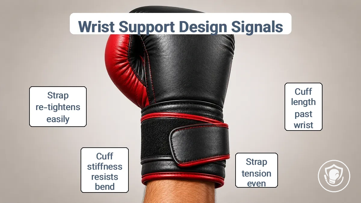 Annotated boxing glove cuff and strap showing wrist support design signals for beginners.