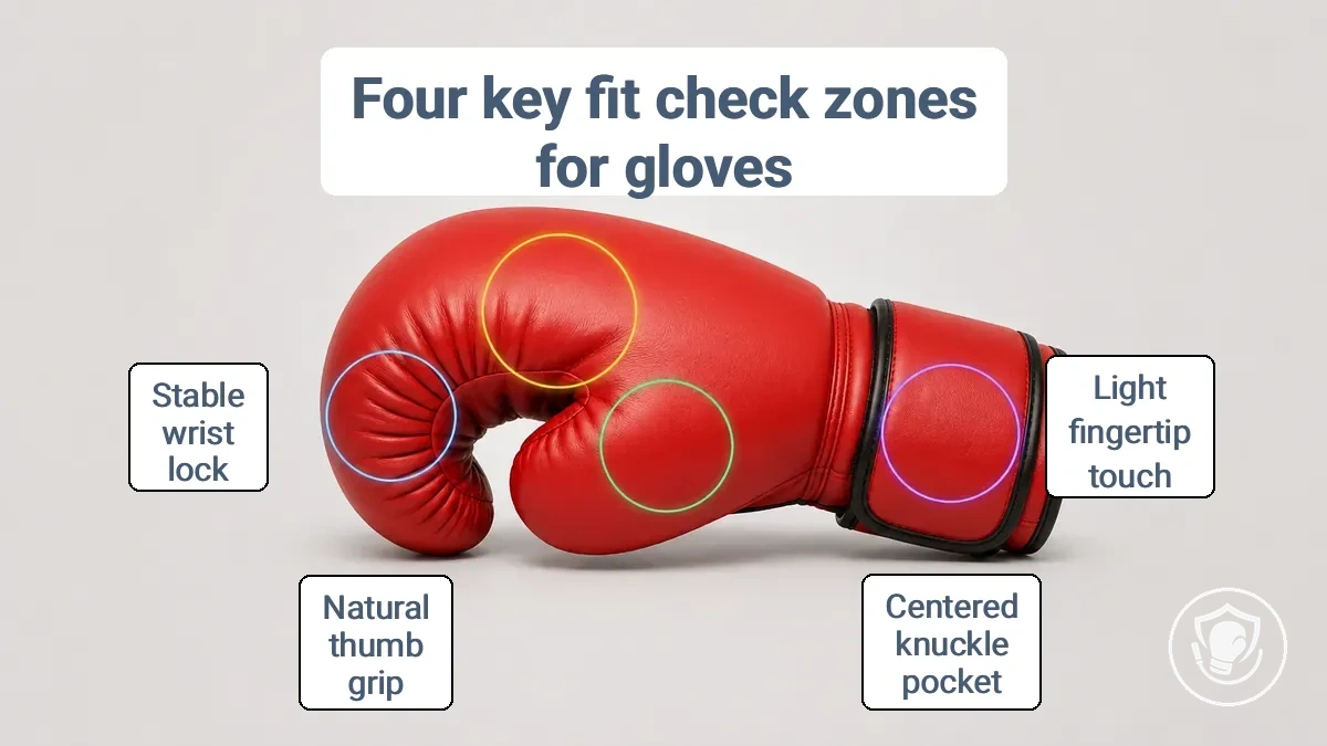 Annotated boxing glove fit check zones: fingers, knuckles, thumb position, and wrist lock.