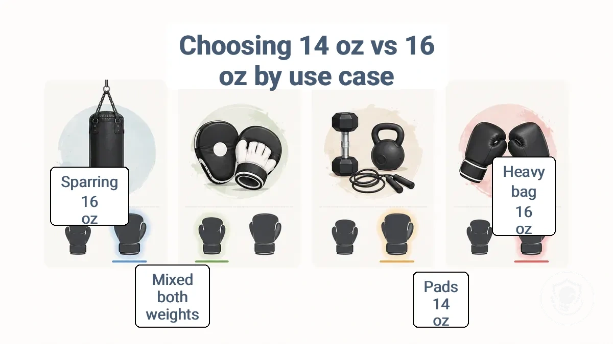 Decision matrix showing how heavy bag, pads, mixed sessions, and sparring map to 14 oz and 16 oz glove tendencies