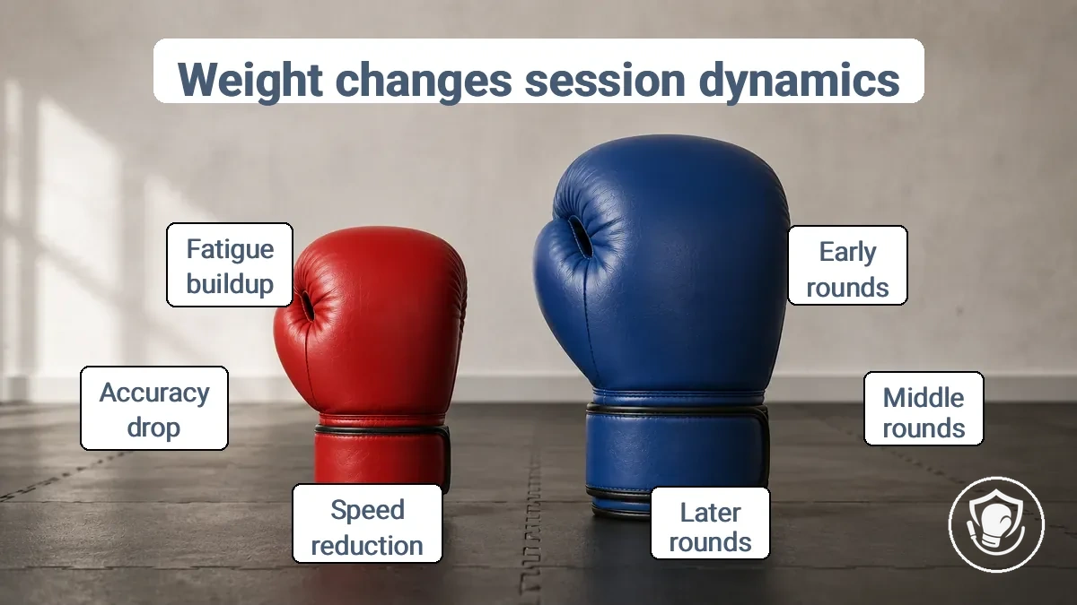 Boxing gloves of different weights on a gym floor, illustrating how extra weight affects speed and fatigue over rounds