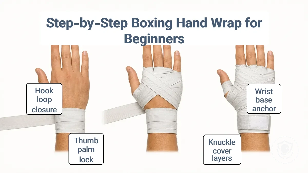 Diagram showing the five wrap stages: wrist base, knuckle layers, finger passes, thumb/palm lock, and closure.