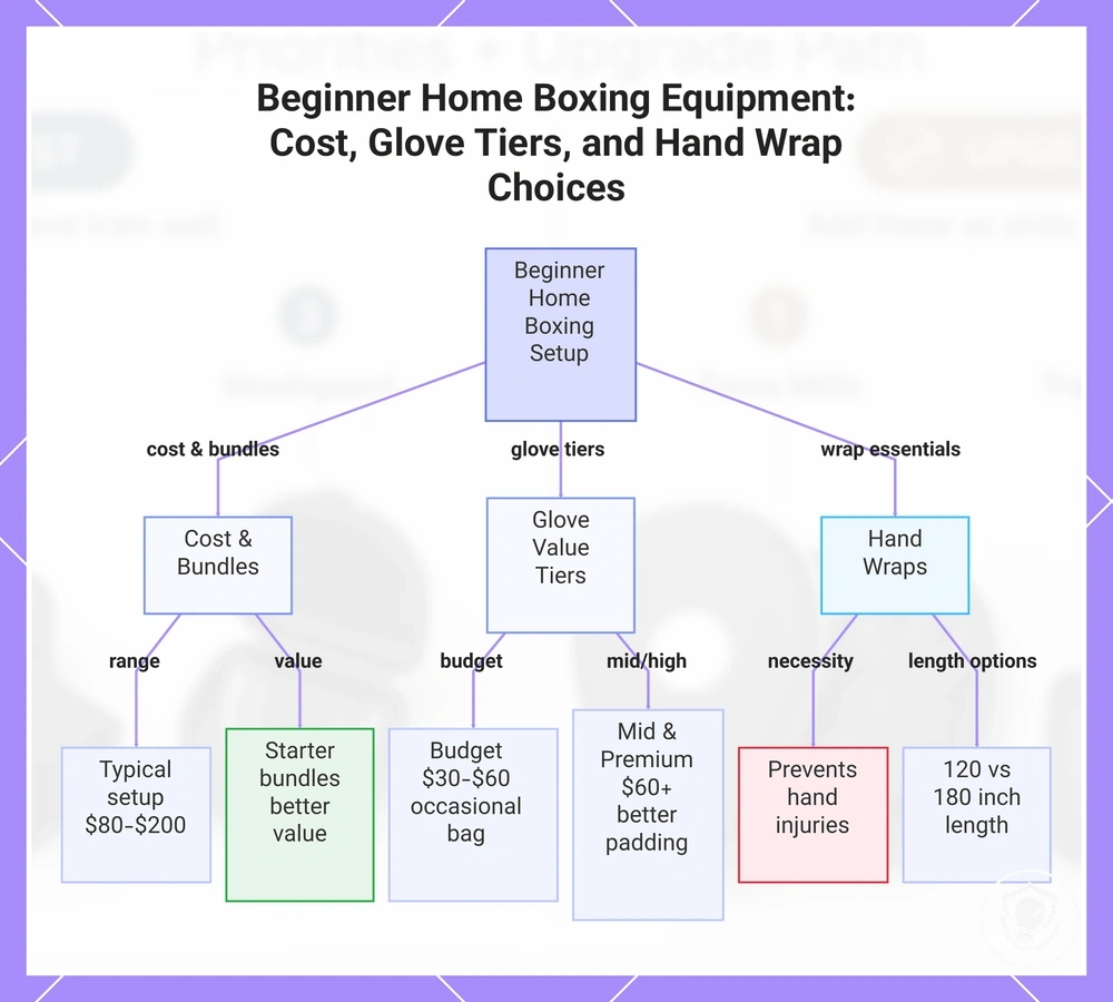 Beginner Home Boxing Equipment: Cost, Glove Tiers, and Hand Wrap Choices